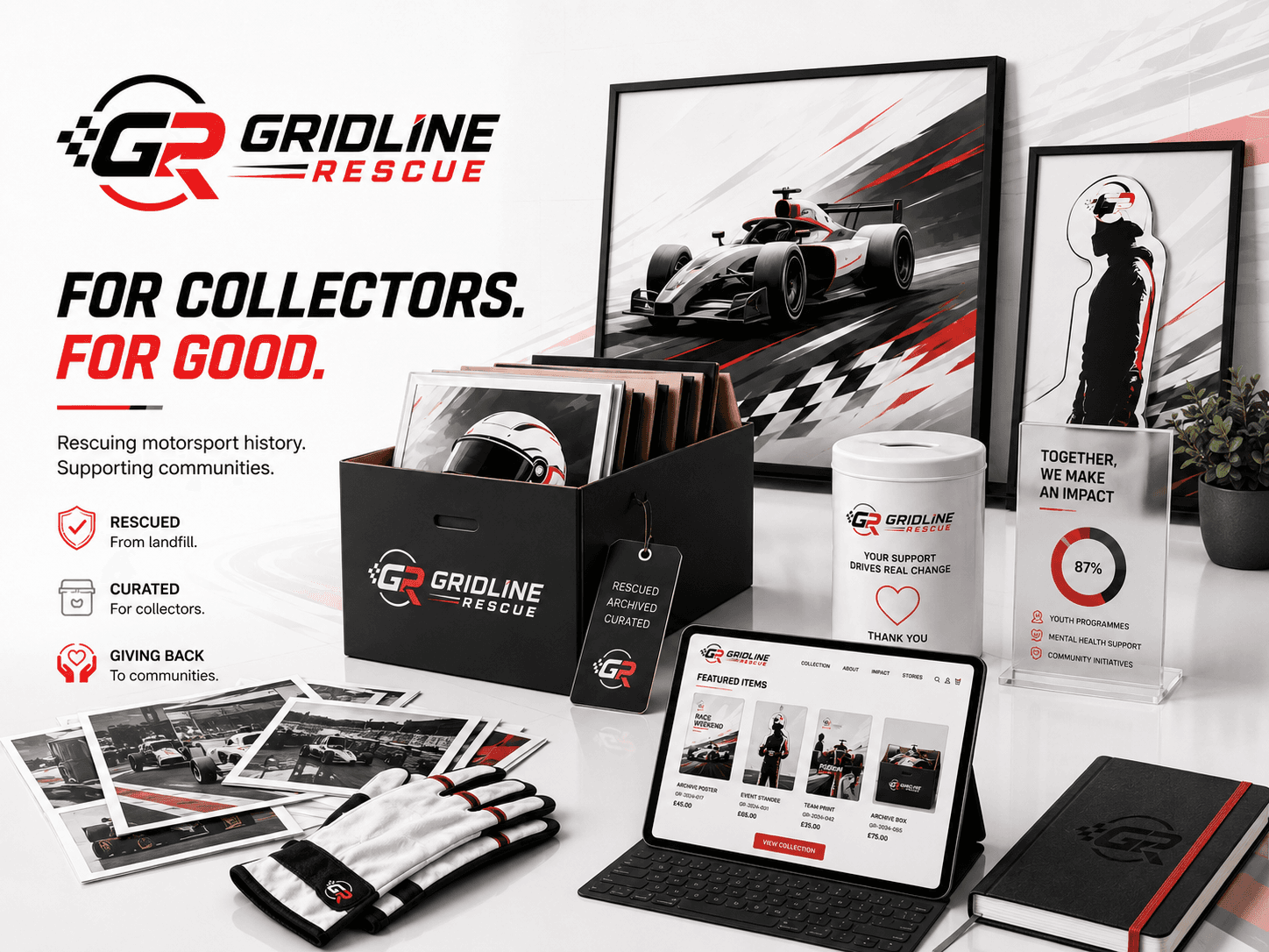 Gridline Rescue curated collector pieces — rescued motorsport display materials, archive boxes and genuine promotional items