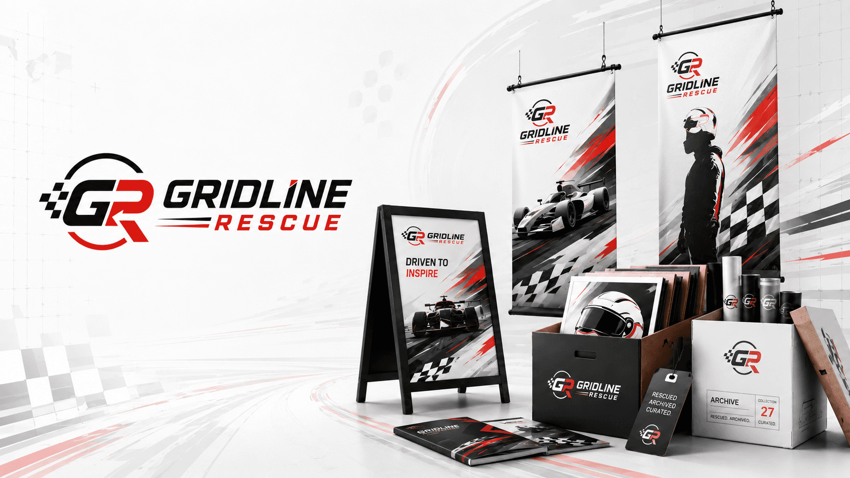 Gridline Rescue — rescued motorsport display materials including banners, standees and archive boxes