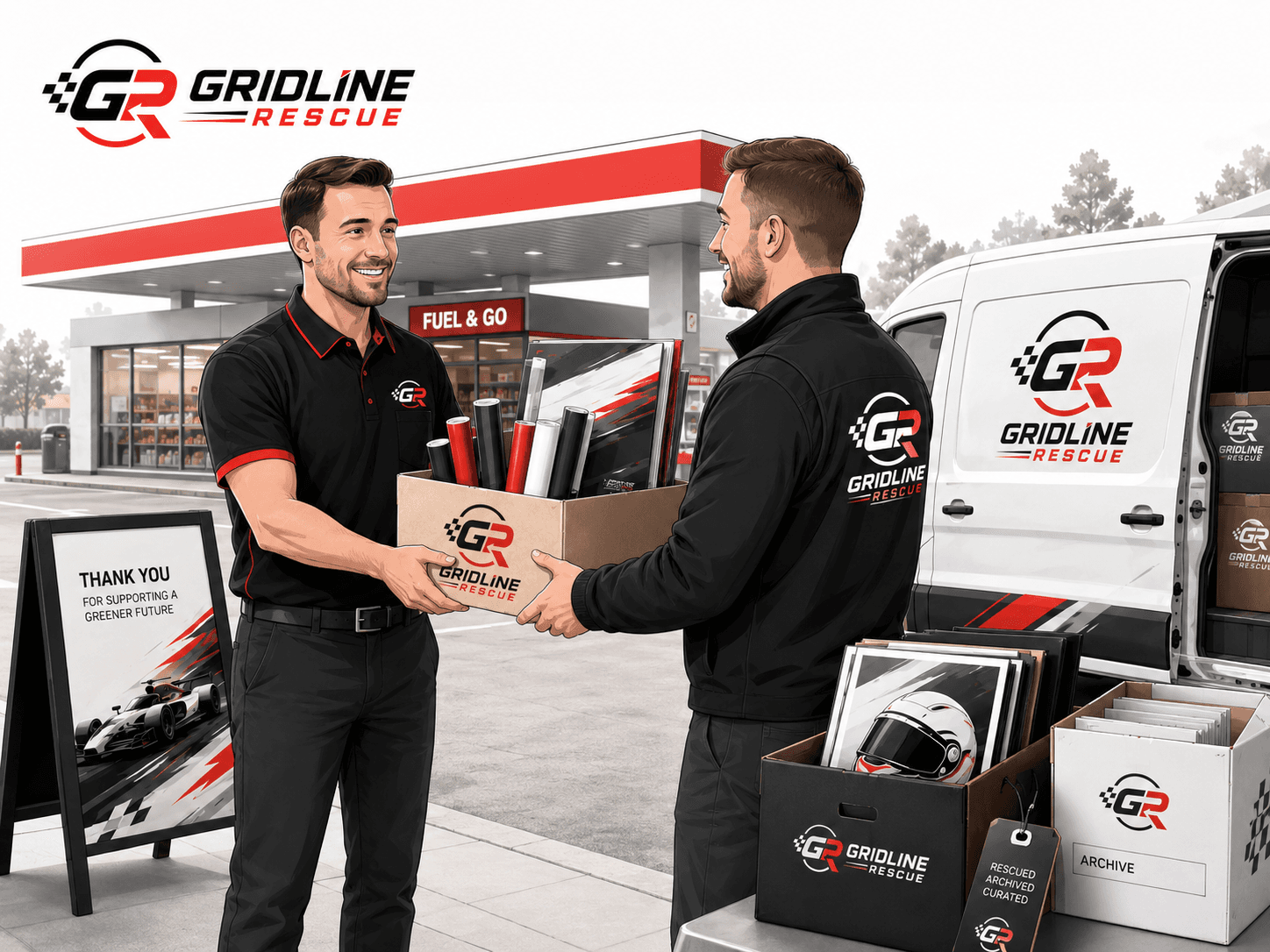 Gridline Rescue team collecting motorsport display materials from a petrol station partner